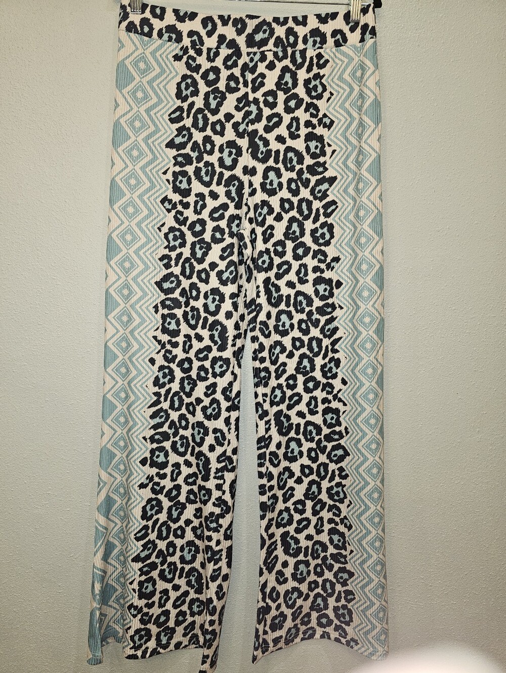 NWOT-Leopard & Aztec Print Wide Leg Pants - Cream & Light Blue